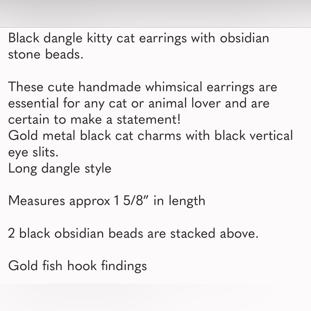 Hand Crafted Earring Black Cats Obsidian Kitty Dangle Pierced Hypoallergenic - Picture 8 of 8